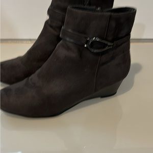 Dark gray suede, like, wedge heel, bootie size 8